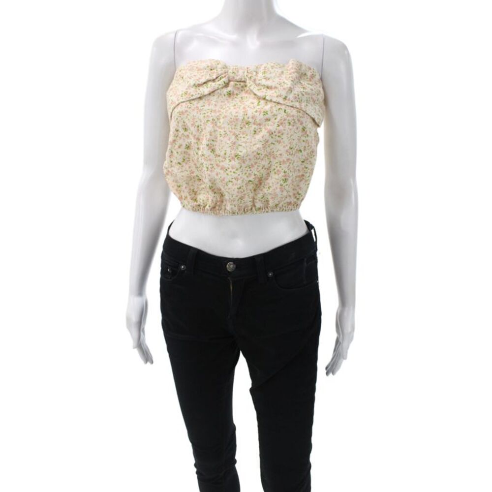 Cami Womens Cropped Silk Off Shoulder Floral Blouse Beige Sleeveless Size 2XS